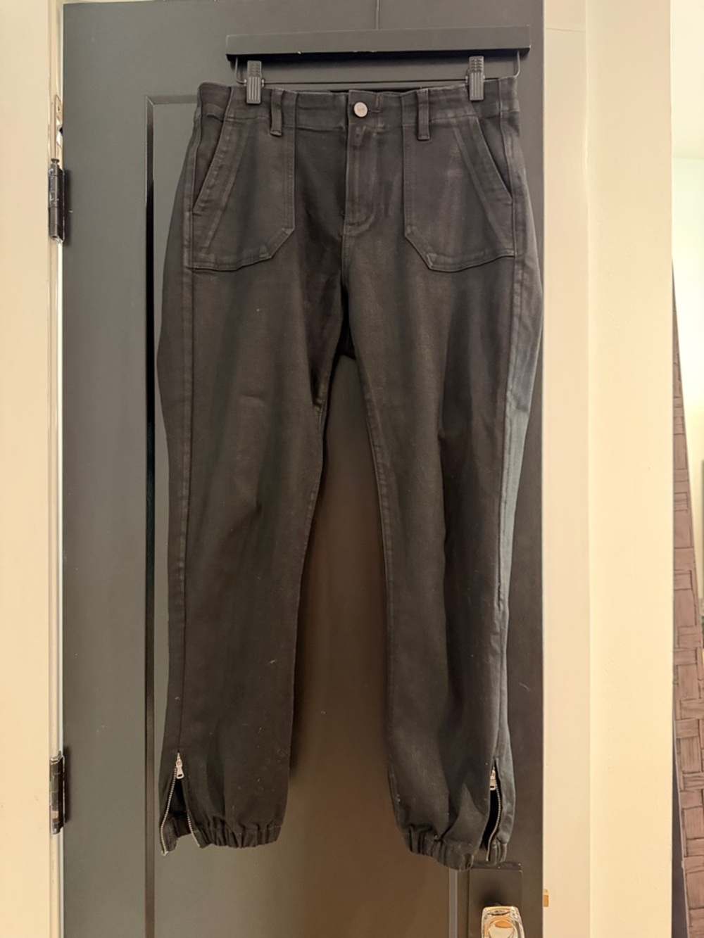 Paige Denim Black Coated Zip Hem Joggers